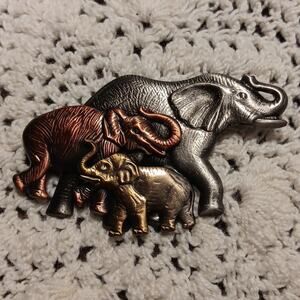 Tri-Color Elephant Family Pin Brooch Trunks Up Silver / Copper / Gold‎ Colors